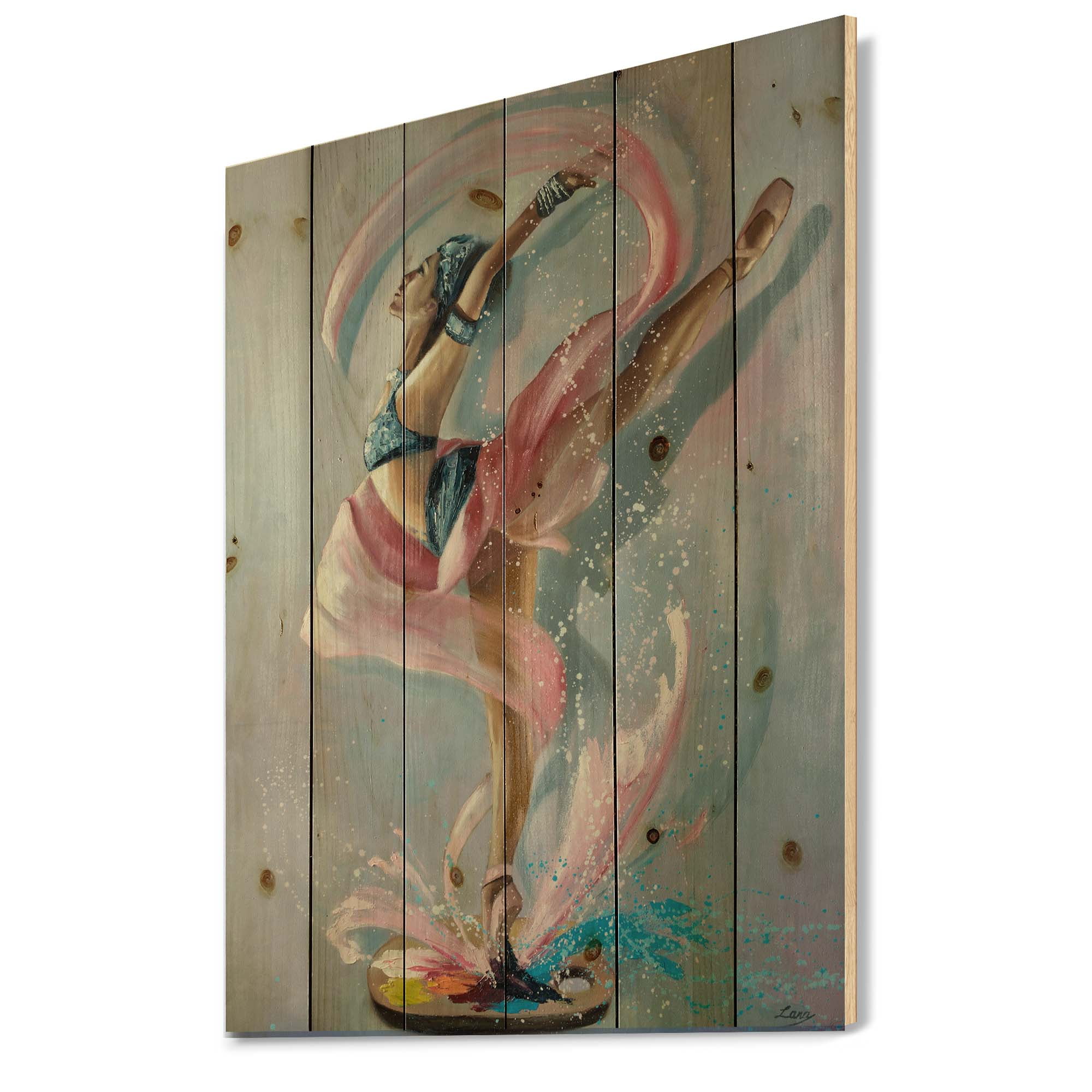 Designart 'Graciously Dancing Girl In Pink Drapes' Traditional Print on Natural Pine Wood