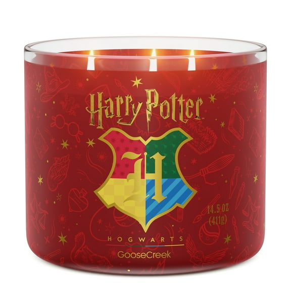 Goose Creek Harry Potter Hogwarts 3-wick Crackling Hearthwood, Whispering White Woods, Worn Leather & Spellbound Pages Scented Jar Candle, 14.5oz