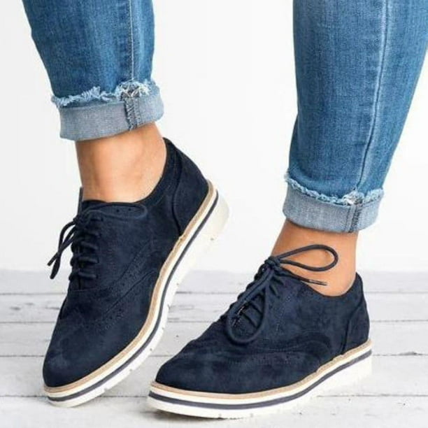 Women Flat Oxford Brogue Lace up Pumps Office Sneakers Shoes Bodega Aurrera en linea