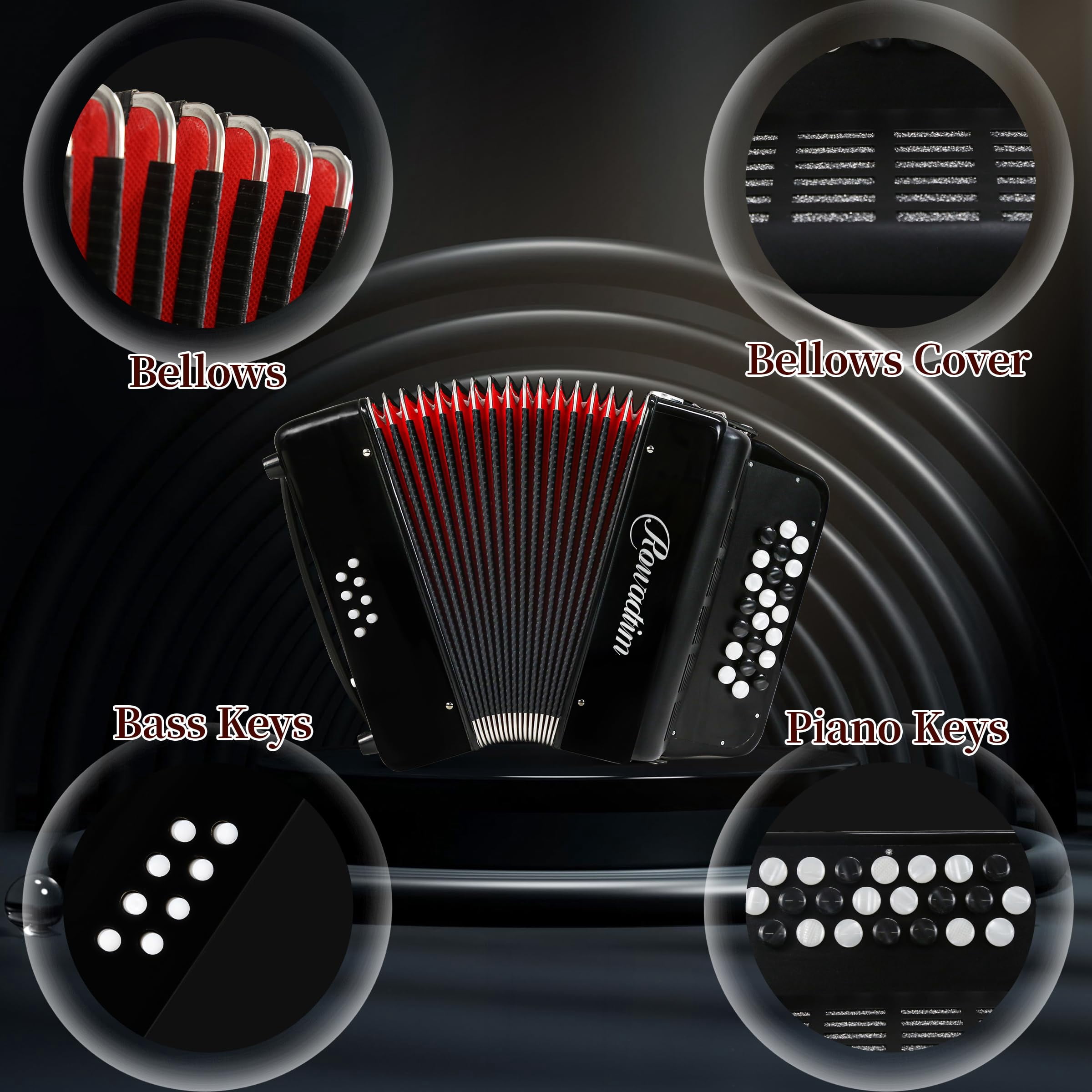 Rowadtim Accordion - 22 Keys 8 Bass, Lightweight Piano Accordion for Beginners, Vibrant Design for Beginners and Adults for Easy Learning (8 Bass, Black)