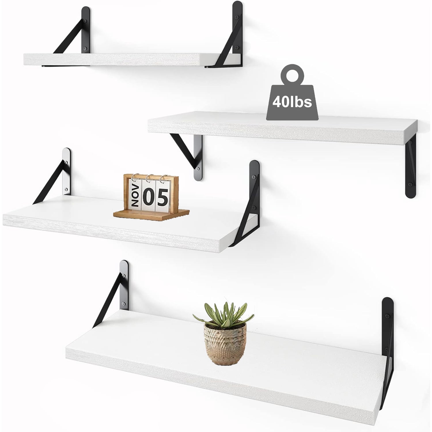 Multisize Wall-Mounted Floating Shelves W/Triangle Bracket, Rustic Decor Set of 4 White Wood Storage Shelf for Livingroom Kitchen Bedroom, Bathroom Shelves Over The Toilet
