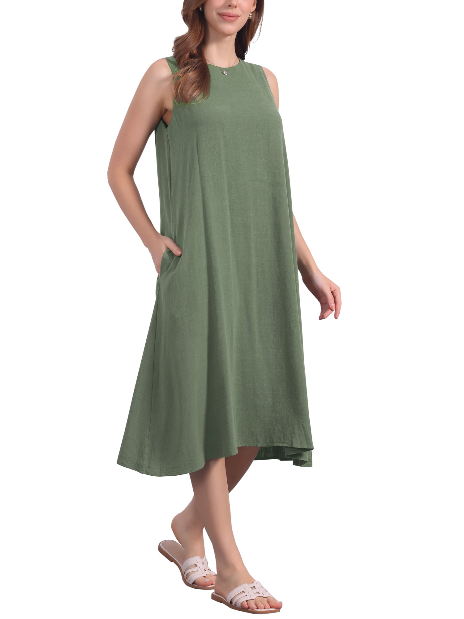 DARING DIVA Linen Sleeveless Dress M Green