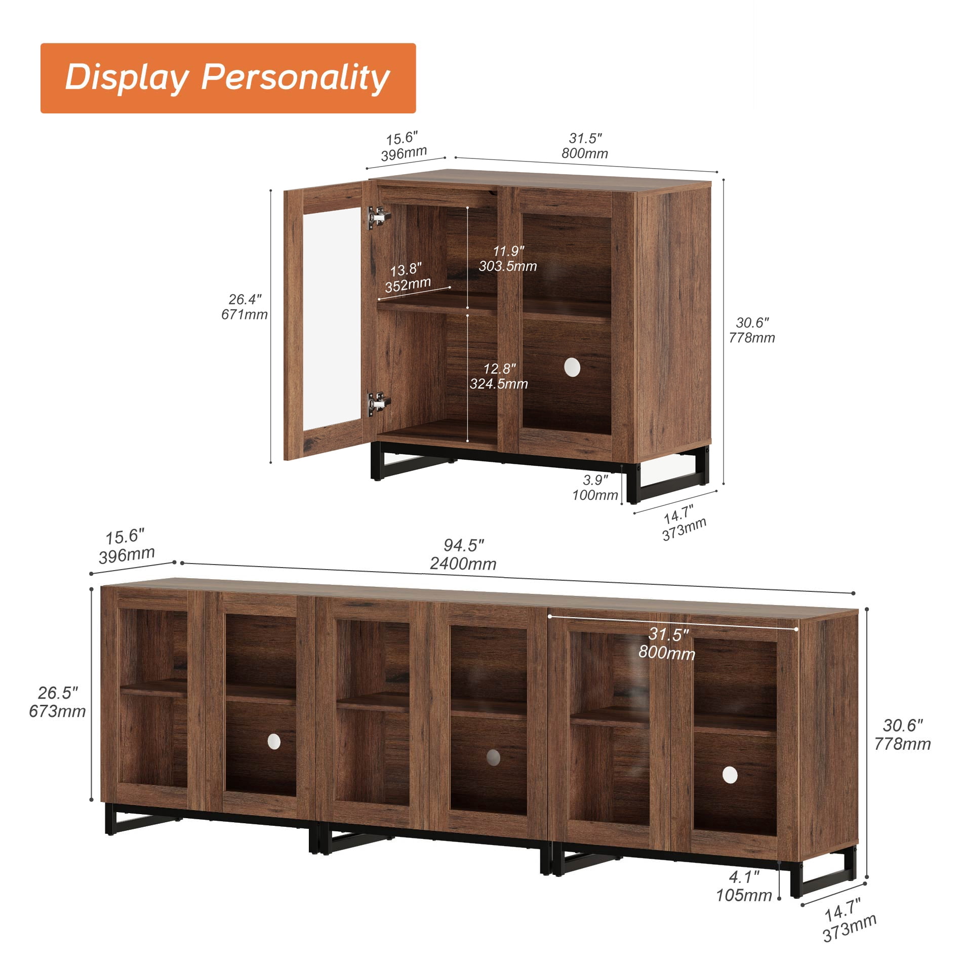 Modern 3-in-1 Multifunctional Sideboard Buffet Cabinet with 6 Glass Doors and Adjustable Shelf Coffee Bar Storage Cabinet for Living Room Kitchen,Brown
