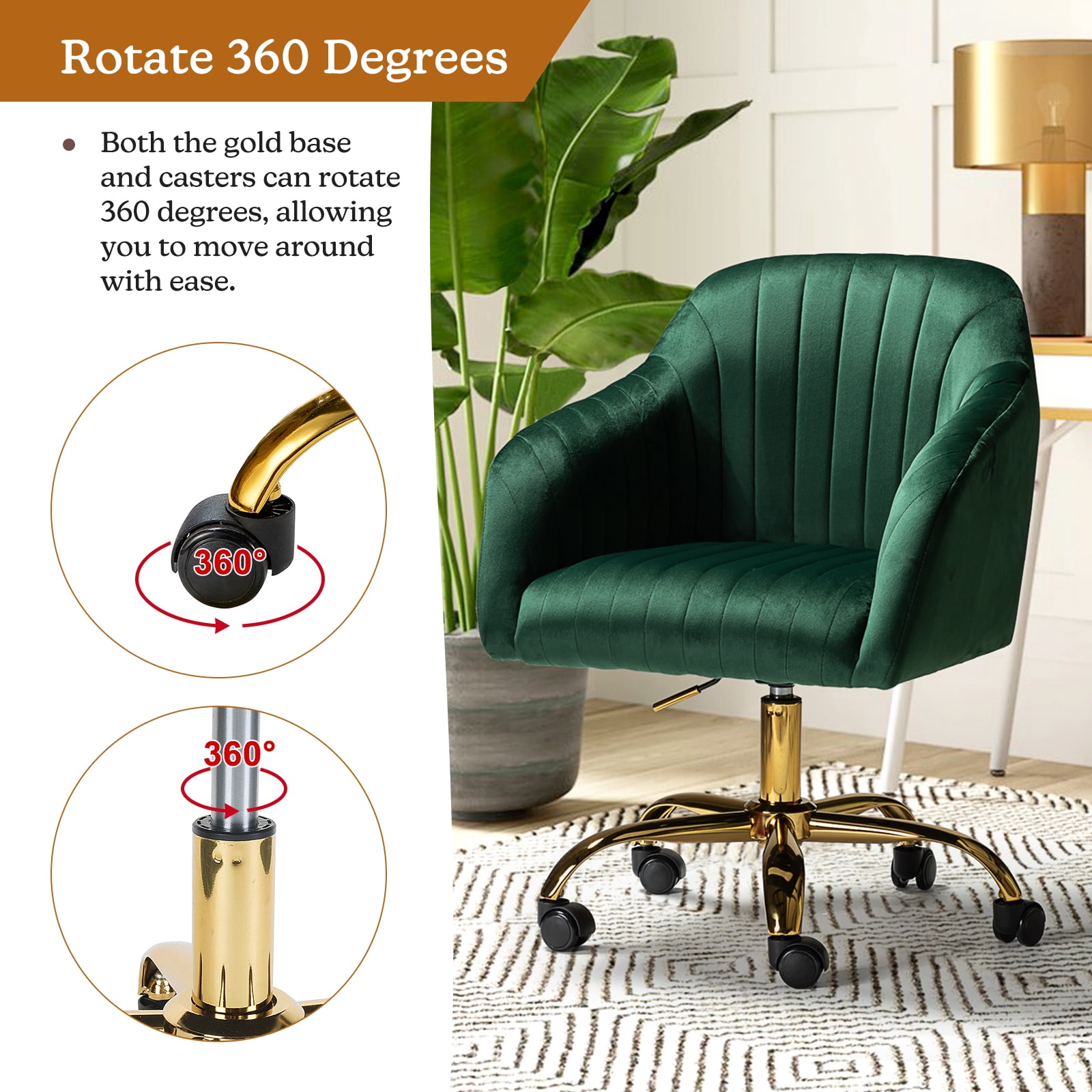 Velvet Office Desk Chair Rolling Vanity Armchair Swivel Adjustable Adult Green