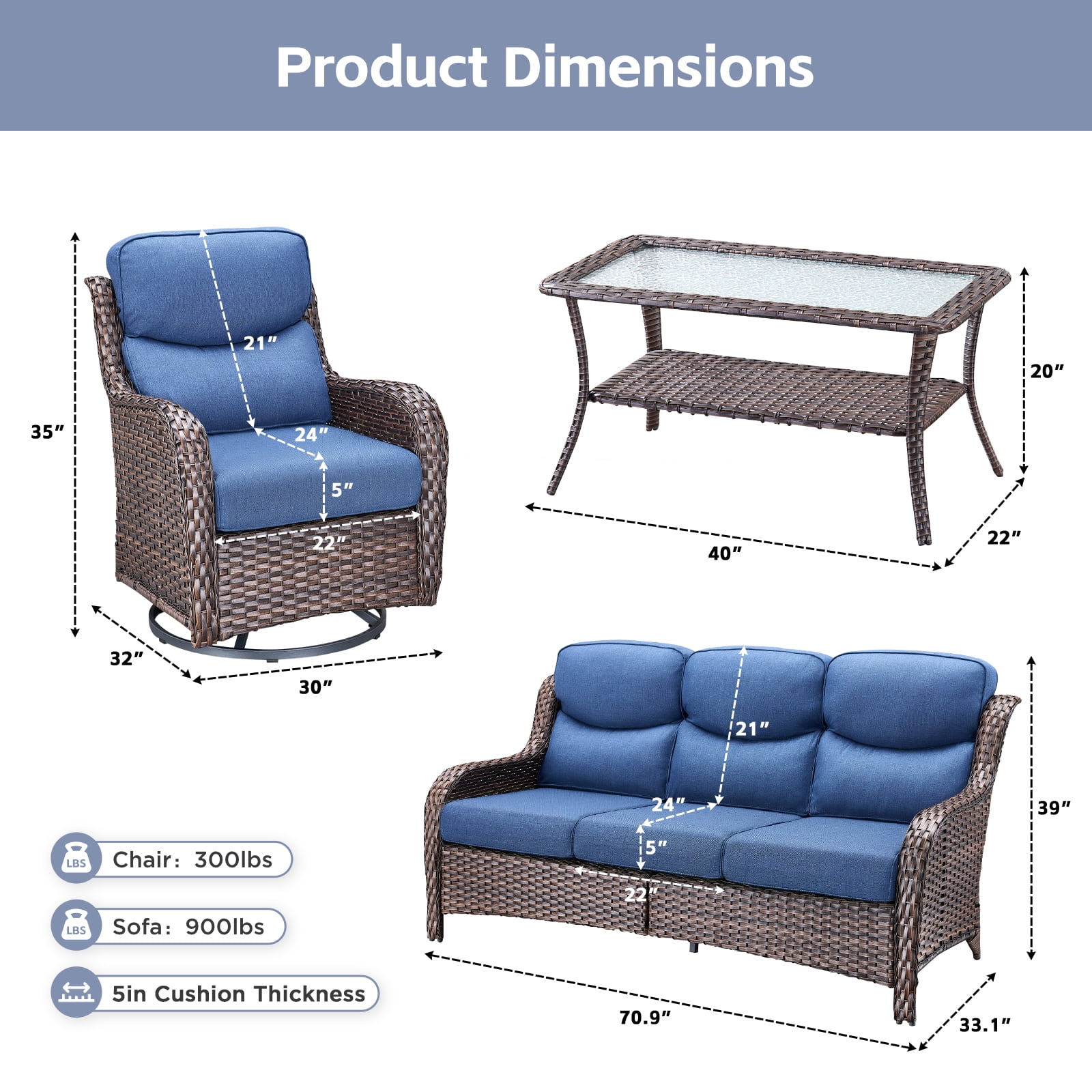 POCASSY 4-Piece Outdoor Patio Furniture Set with Swivel Chairs, Luxury High Back Rattan Wicker Outdoor Conversation Set with 5-inch Thick Seat Cushion Sofa and Swivel Glider Patio Chair for Porch