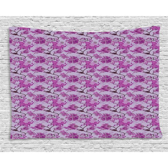 Bohemian Tapestry, Chinese Traditional Pattern Abstract and Artistic Hippie Blossoms, Wall Hanging for Bedroom Living Room Dorm Decor, 80W X 60L Inches, Fuchsia Brown and Mauve, by Ambesonne