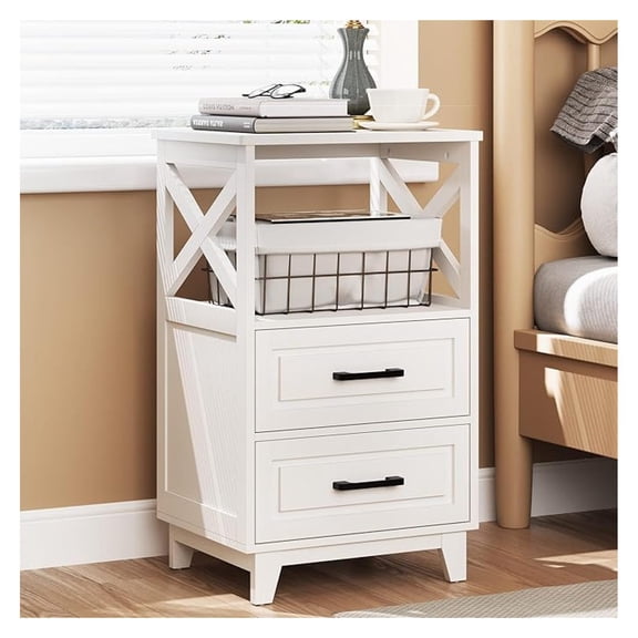 30'' Tall Nightstand, Modern Painted Bedside Table with 2 Drawers and Open Shelf Above, Wood Side Table for Bedroom, Home Office, White