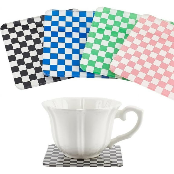 1 Box 4pcs Acrylic Cup Coasters 4 Colors Square Checkered Coaster Drink Coffee Mat Coasters Tea Cups and Bottles Holder for Dining Cups Coffee Table Kitchen Bar Table Decor 3.94x3.94x0.14inch