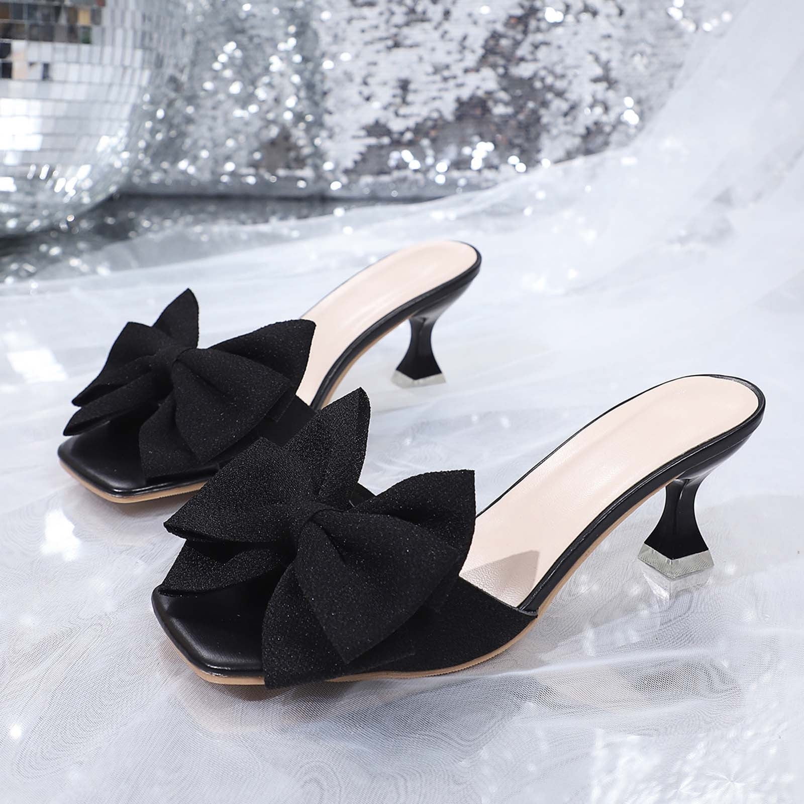 Xucatan Women's Bow Mule Heels, Oversized Knot Open Toe Slingback Sandals with Chunky Heel, Textured Patent Leather Dressy Summer Shoes, Versatile Design for Party Wedding Daily Gift