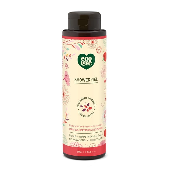 ecoLove - Jabón corporal hidratante natural para piel seca - Tomate y remolacha orgánicos - Sin SLS ni parabenos - Gel de ducha vegano y libre de crueldad animal 17.6 oz