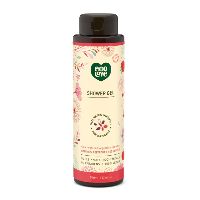 ecoLove - Jabón corporal hidratante natural para piel seca - Tomate y remolacha orgánicos - Sin SLS ni parabenos - Gel de ducha vegano y libre de crueldad animal 17.6 oz