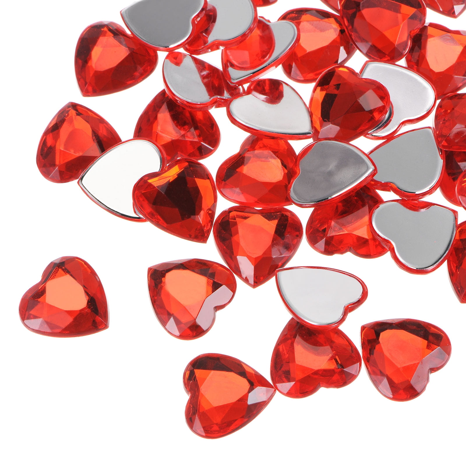 Uxcell 40 Pcs Acrylic Heart Rhinestone 0.59" Flat Back Plastic Gems Red
