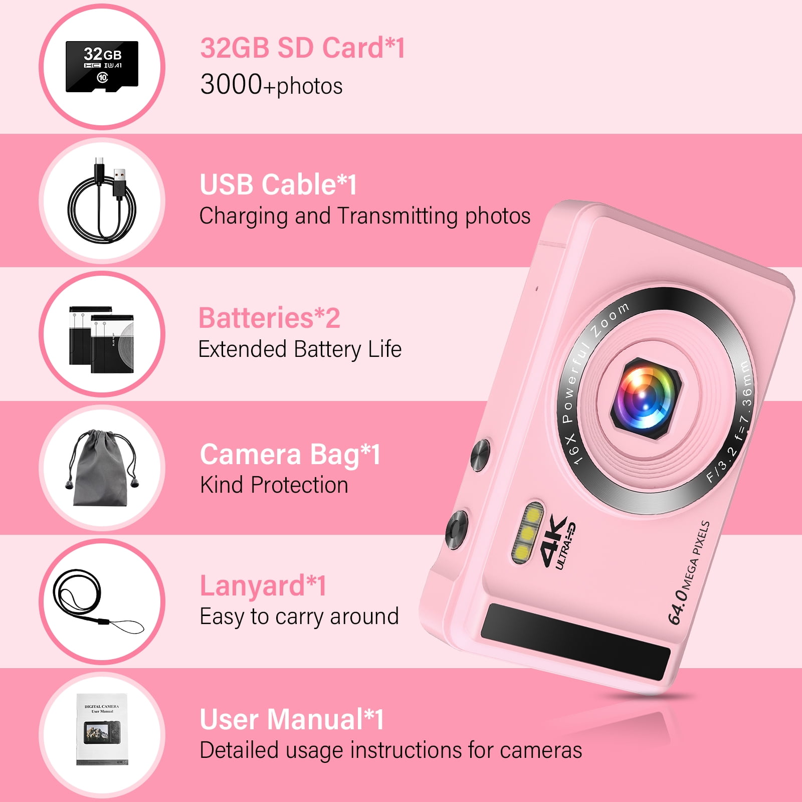 MARVUE Digital Camera 4K UHD 64MP, Autofocus Compact Camera with 16X Digital Zoom, 32GB SD Card, 2 Batteries - Pink