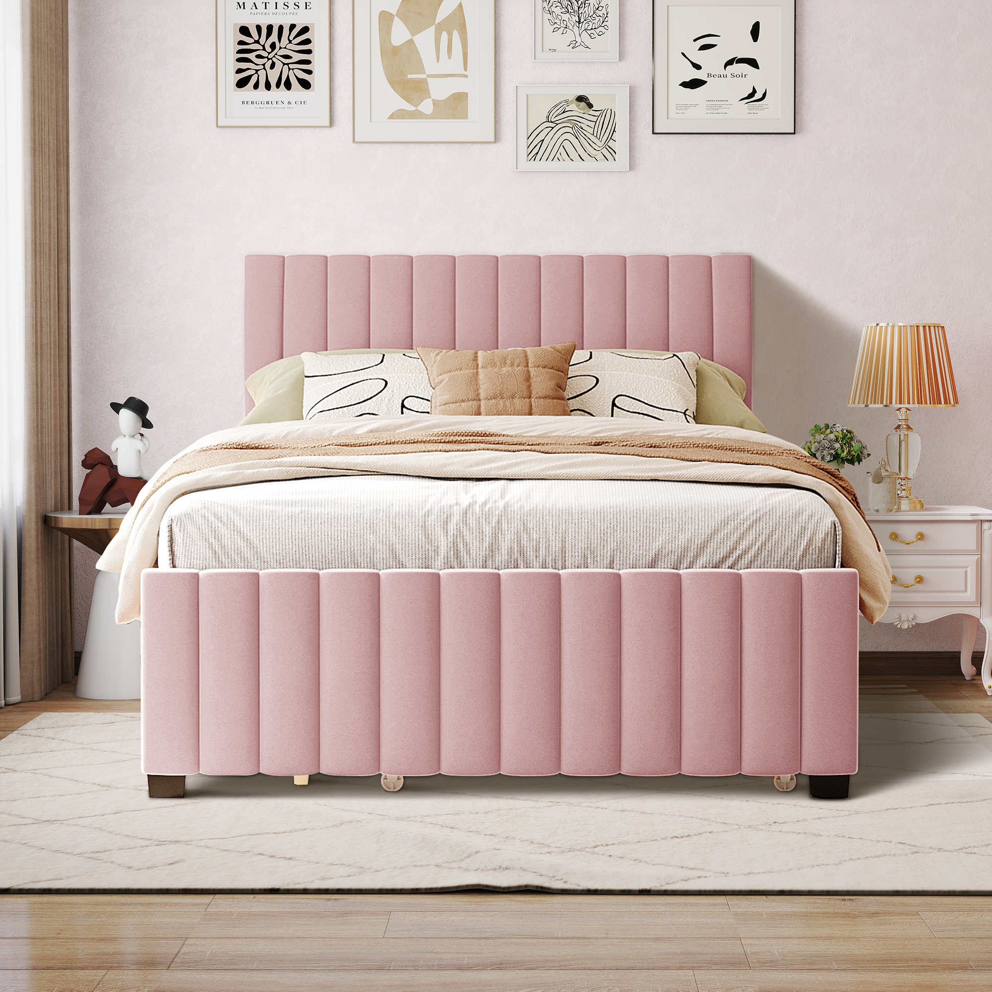 Aukfa Full Size Upholstered Platform Bed Frame with Twin Size Trundle for Bedroom,Guestroom, Pink
