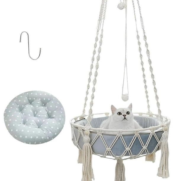 Hamaca para Gato para Colgar, Cama para Gatos Flotante, Columpio Bohemio para Gatos, Con cojín y Gancho, Suave y Cómodo, Decoración del Hogar para Que los Gatos Duerman, Jueguen, Trepen y Descansen
