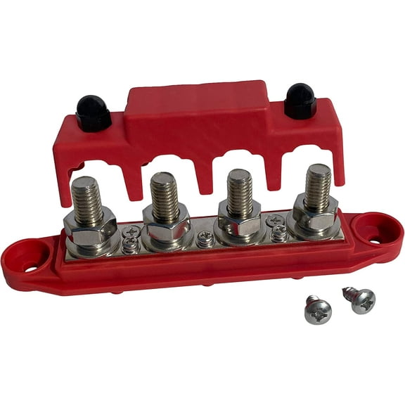 3/8" 4 Post Power Distribution Block Bus Bar with Cover M10 - 250 Amp Rating – Marine Bus Bar, Automotive, and Solar Wiring – Battery Terminal Distribution Block (3/8", Red)