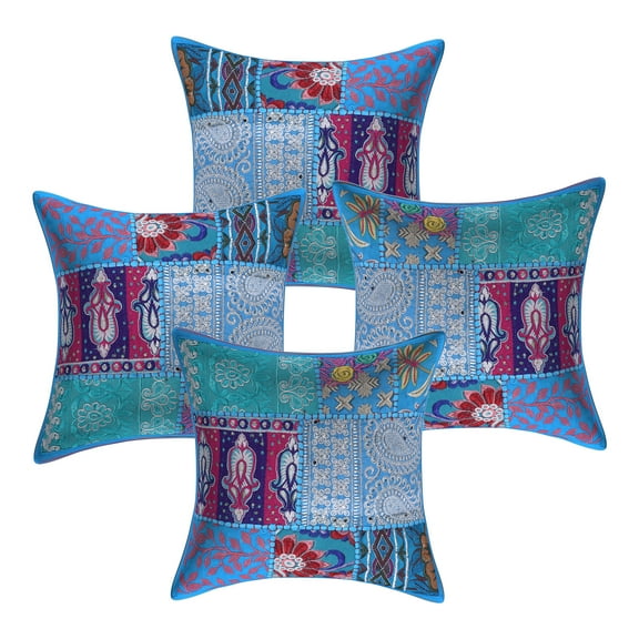 Stylo Culture Indian Cotton Living Room Throw Pillow Sham Covers Turquoise 12x12 Bohemian Vintage Patchwork Indian Couch Cushion Covers 30 x 30 cm Decorative Abstract Square Pillowcases | Set Of 4