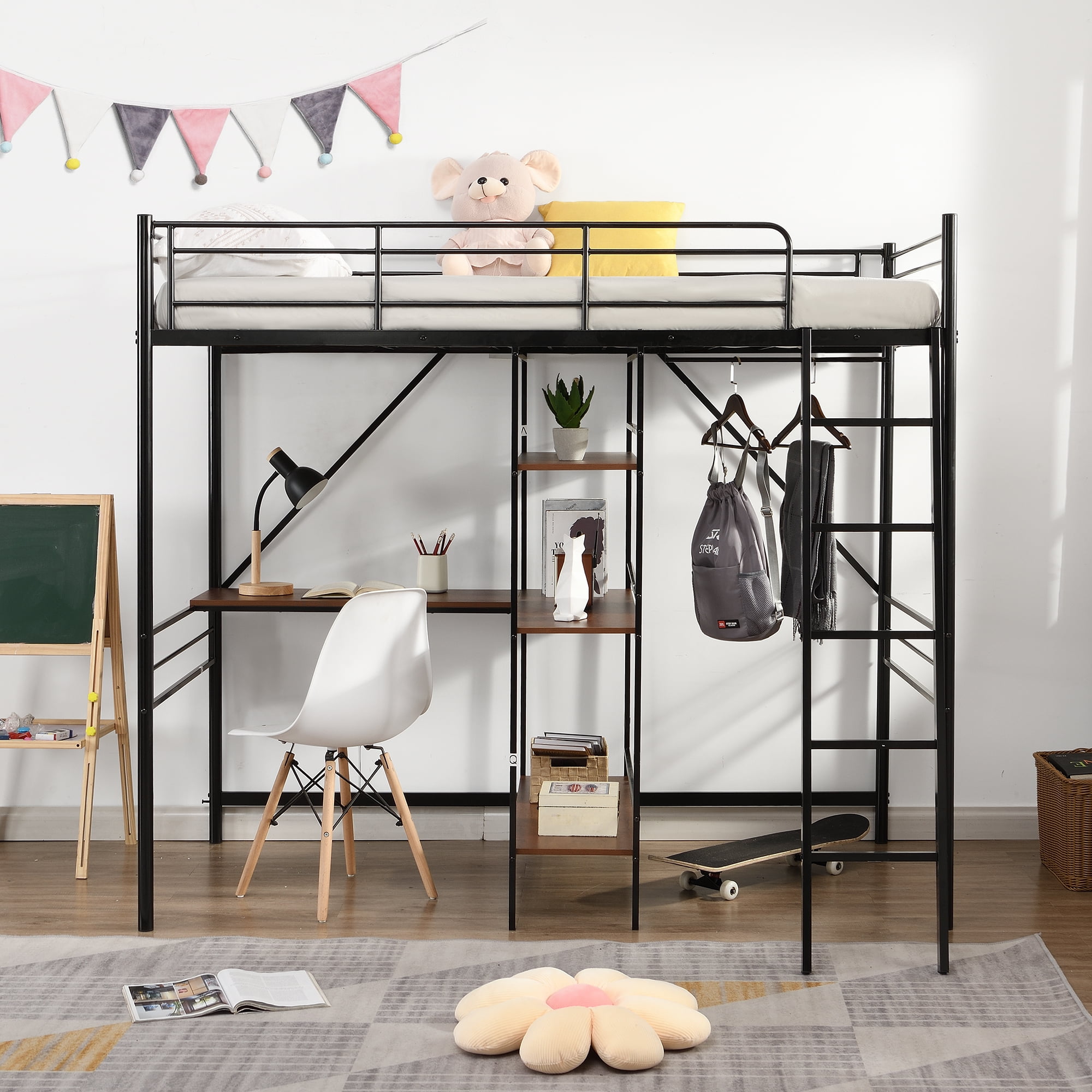 Twin Metal Bed Frame with Ladder and Safety Guard Rails, Loft Bed with BuiltinDesk and Three