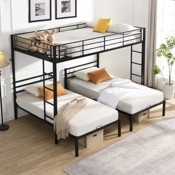 Harper & Bright Designs Metal Bunk Bed Full Over Twin Over Twin with Ladder and Guardrail, Metal Triple Bunk Bed Frame for Bedroom, Black