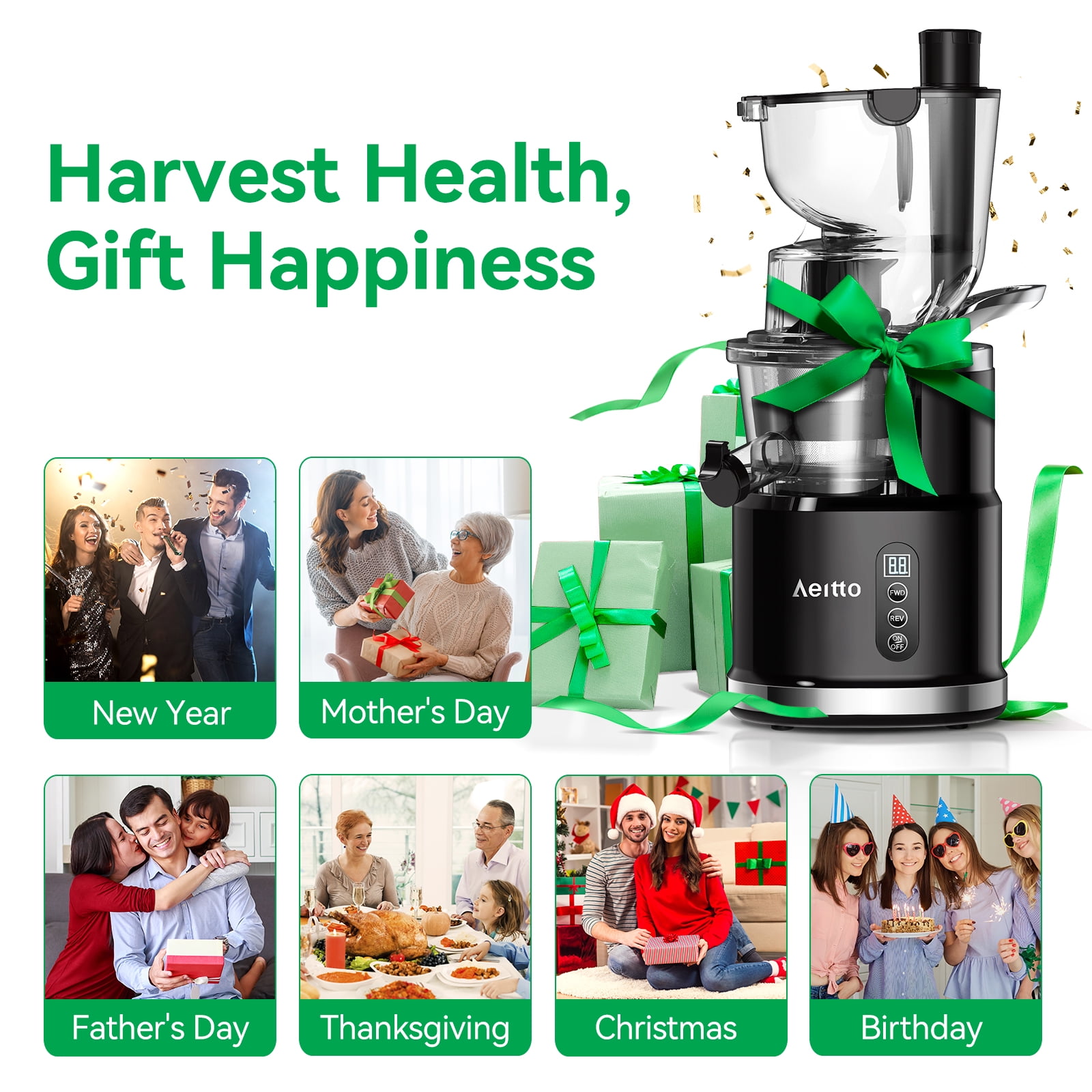 Aeitto Masticating Juicer Machine, Cold Press, Wide 3.3-in Auger, High Juice Yield, Easy Clean, 900ml Cup, Reverse