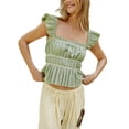 thumbnail image 1 of Gupgi Women Fly Sleeve Crop Tops Square Neck Patchwork Ruched T-Shirts, 1 of 6