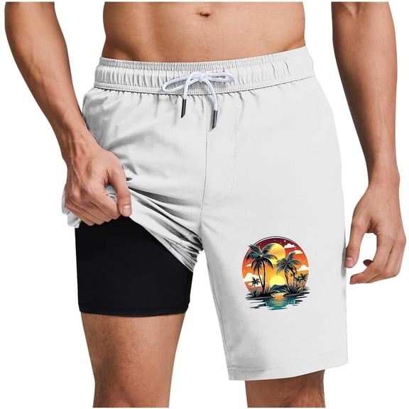 Ashyfjp Summer Shorts for Men, Gradient Print Elastic Waist Drawstring Short Pants with Pockets and Double-Layer, Trendy Casual Shorts for Men, White, XL