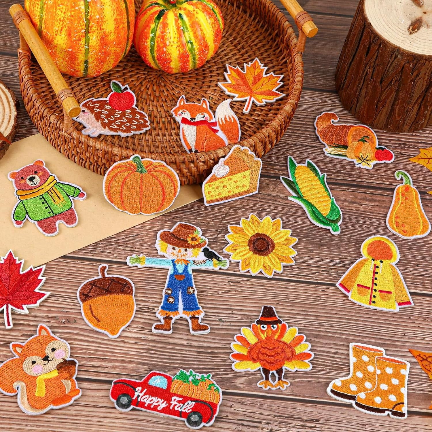 AP 60pcs Fall Autumn Iron on Patches Random Assorted Thanksgiving Day Embroidered Sew Applique Repair Patch Fall Leaf Pumpkin Turkey Maple Leaves Gnome Acorn DIY Crafts for Clothing Jacket Jeans