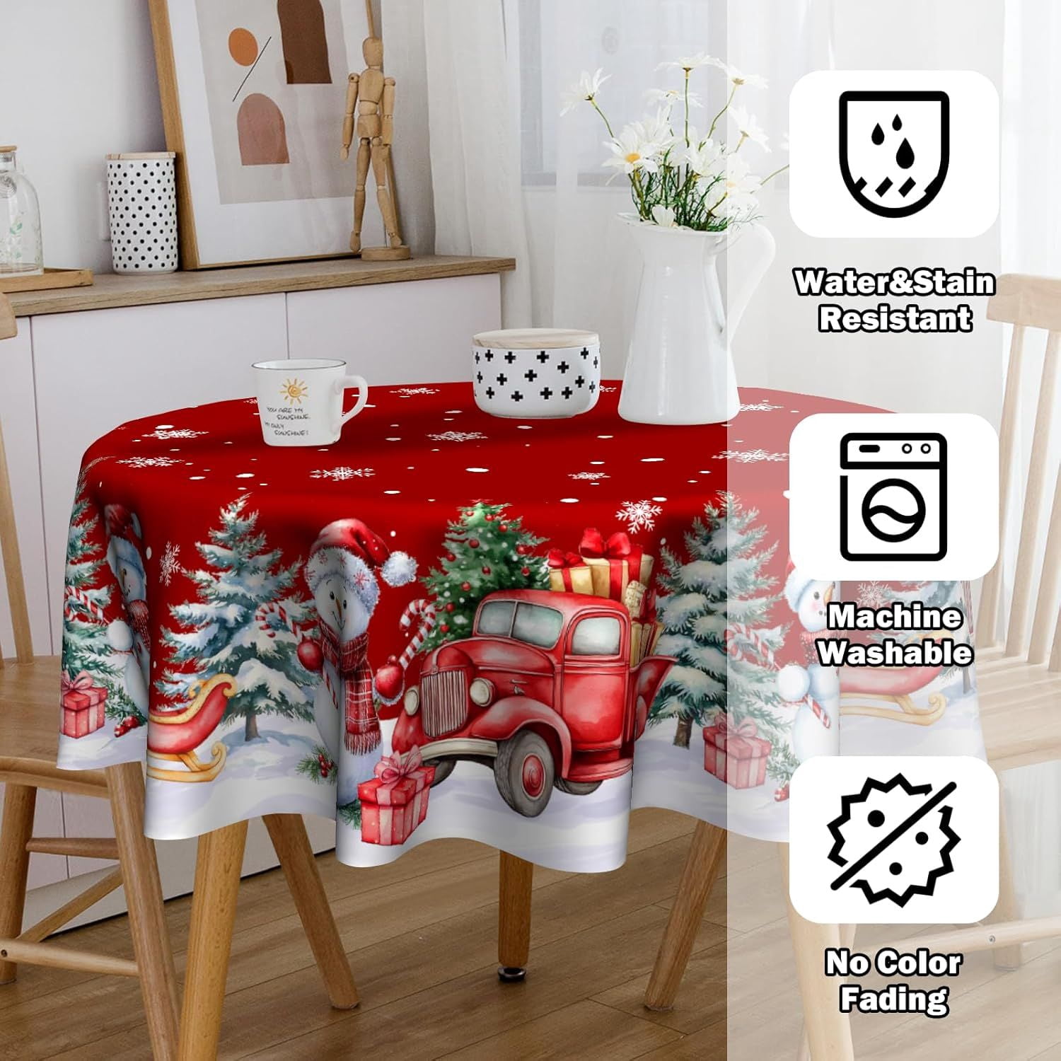 Christmas Round Tablecloth 60 inch Christmas Nativity Table Cloth Xmas Tree Table Cloths Decorations for Home Kitchen Dining Red Buffalo Plaid