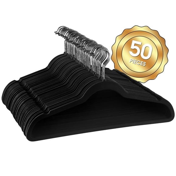Elama Home HANGER50PIECEBLACK Flocked Velvet Clothes Hangers with Stainless Steel Swivel Hooks, Black - 50 Piece