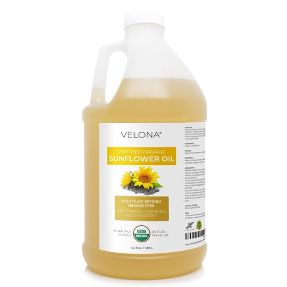velona USDA Certified Organic Sunflower Oil - 64 Fl Oz | 100% Pure and Natural Carrier Oil | High Oleic, Refined| Cooking, Skin, Hair, Body & Face Mo