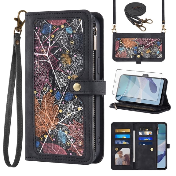 Asuwish Phone Case for Motorola Moto G53 5G Wallet Cover With Tempered Glass Screen Protector Crossbody Wrist Strap Flip Pattern Zipper Credit Card Holder Stand Slot Cell G 53 53G Women Men Black