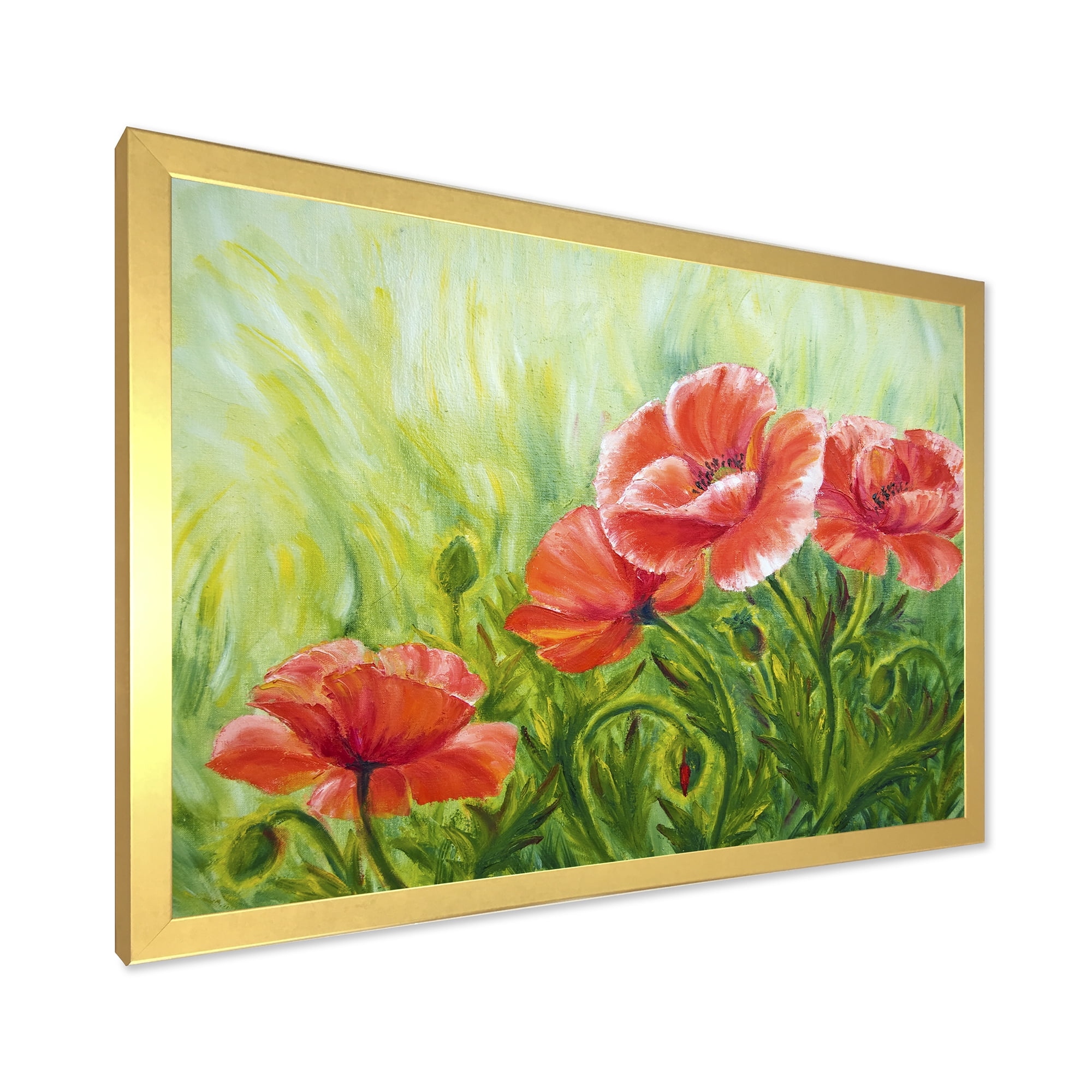 Designart 'Red Blossoming Poppies Over Wild Green III' Traditional Framed Art Print