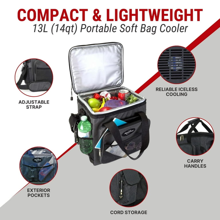 D13 Hybrid Portable 12V Cooler Bag with Shoulder Strap, 13L 14 Qt Soft-Sided Iceless Thermoelectric Travel Fridge, Grey and Black