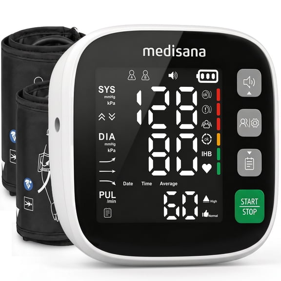 Medisana Blood Pressure Monitor Upper Arm, BP Machine with Large LED Display, Voice Broadcast, Dual User Memory, 2 Cuff Sizes (8.7-12.6 in & 8.7-16.5 in) WHO Indicator