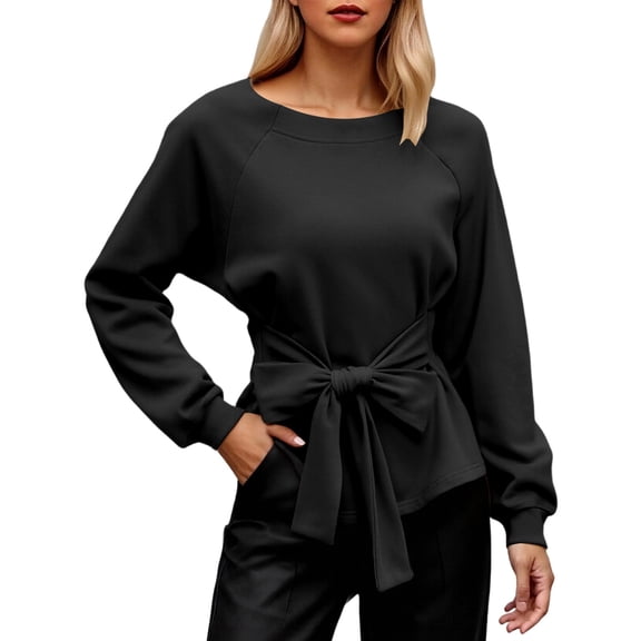 DHFJKG Sweatshirt For Women Tie Waist Raglan Sleeve Solid Color Round Neck Pullover Lightweight Classic Tops