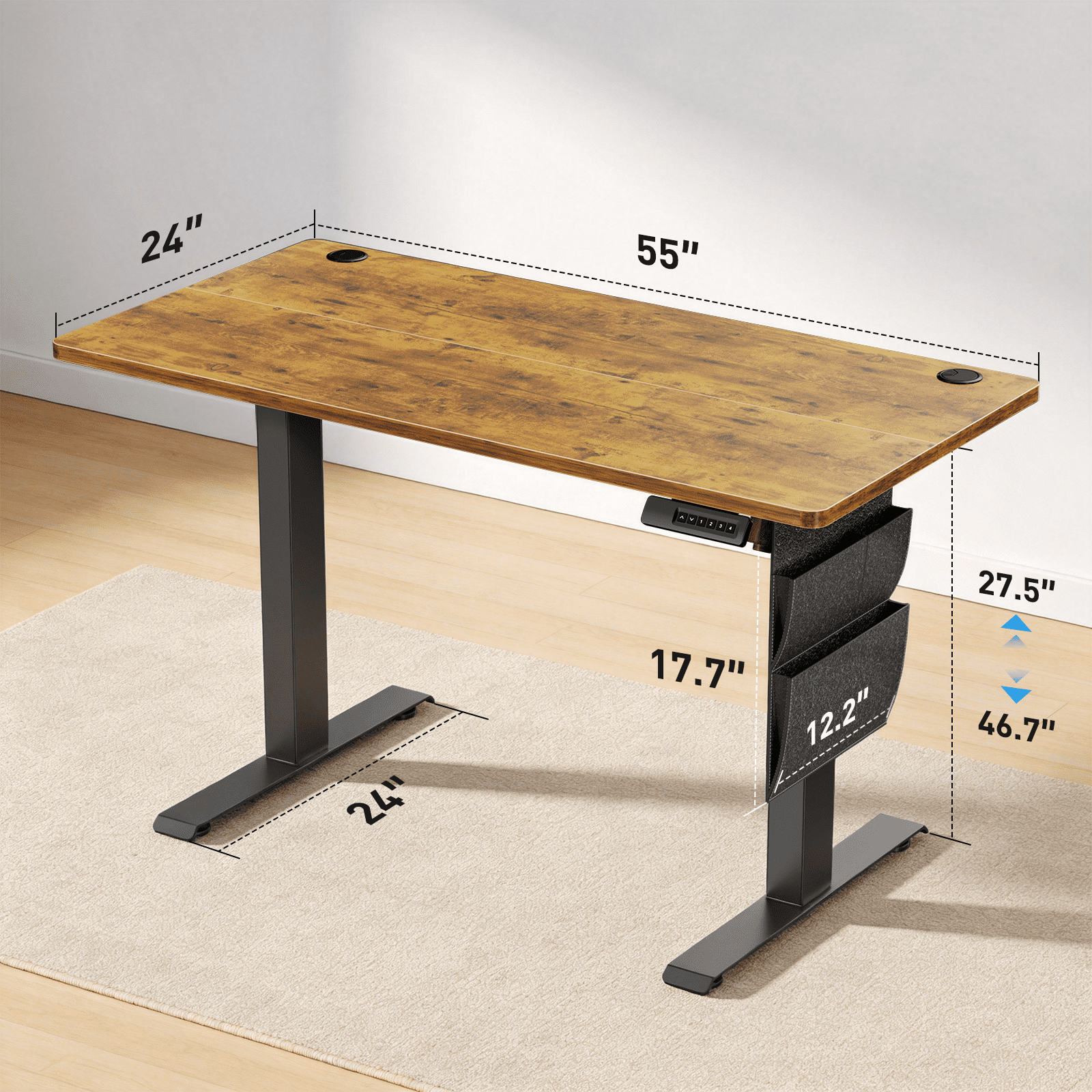 CHITOOMA 55" x 24" Electric Standing Desk with Storage Bag, Adjustable Height Sit to Stand Desk with 4 Memory Pre-Set, Headphone Hook for Home Office, Rustic Brown