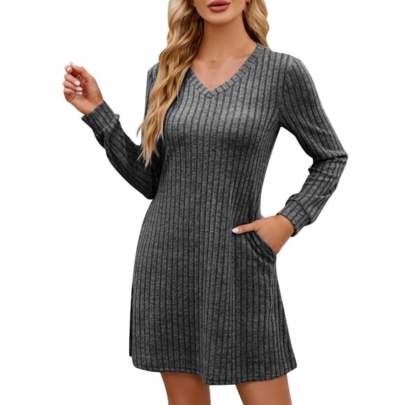 cfhntfmh Wedding Guest Dresses for Women Fashion V Neck Long Sleeve Casual Dress Fall Baggy Ribbed Knit Mini Dress with Pockets