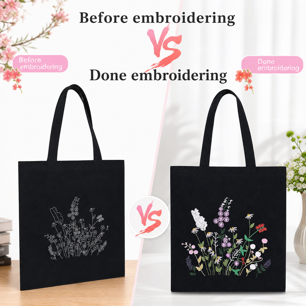 Vetpw Tote Bag Embroidery Kit for Beginners with Floral Pattern photo 3