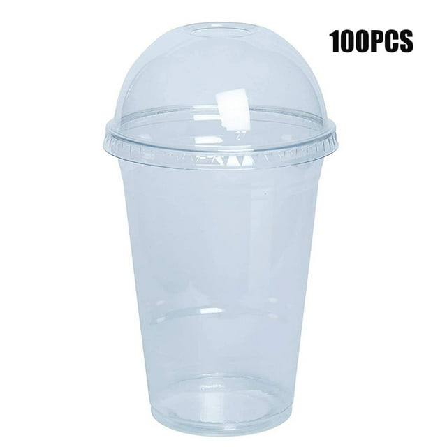 100 Sets Plastic Cups with Dome Lids PET Material Airtight Cold Drink Use