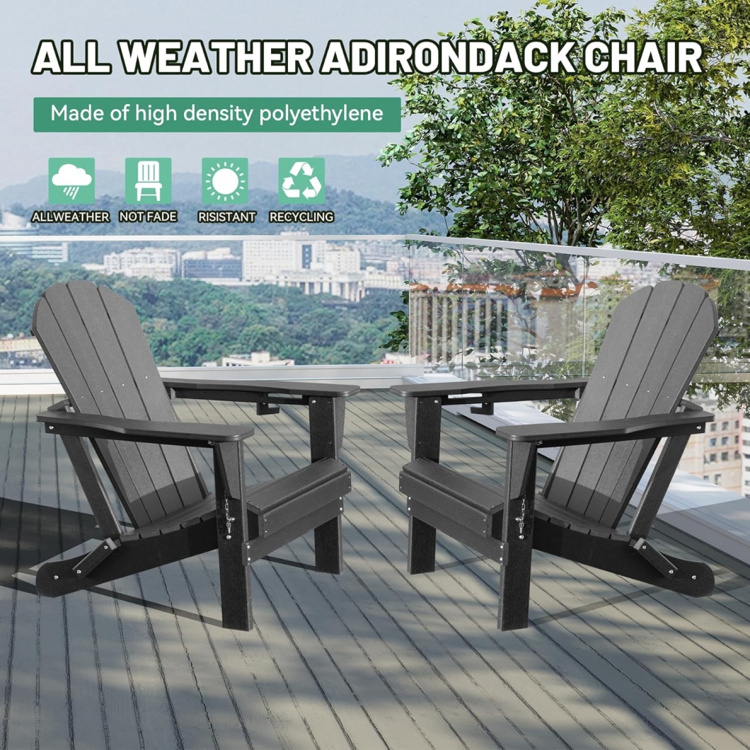 Folding Adirondack Chairs Set of 2, All-Weather HDPE Lawn Chairs with Cup Holder, Comfortable Outdoor Patio Chairs for Deck, Porch, Backyard, Garden, Grey