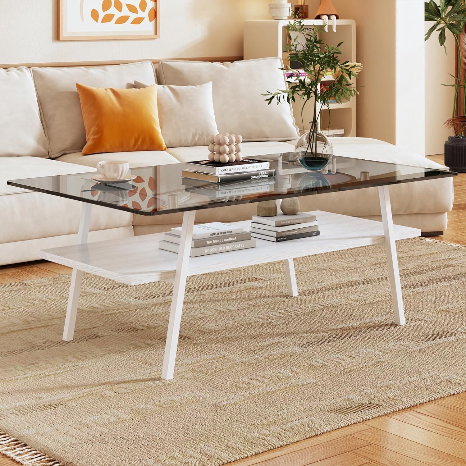 Holaki Glass Coffee Table, Rectangle Tempered Glass Table, 2-Tier Center Table  with Clear Tempered Glass Top Metal Leg, Mordern Home Office Furniture