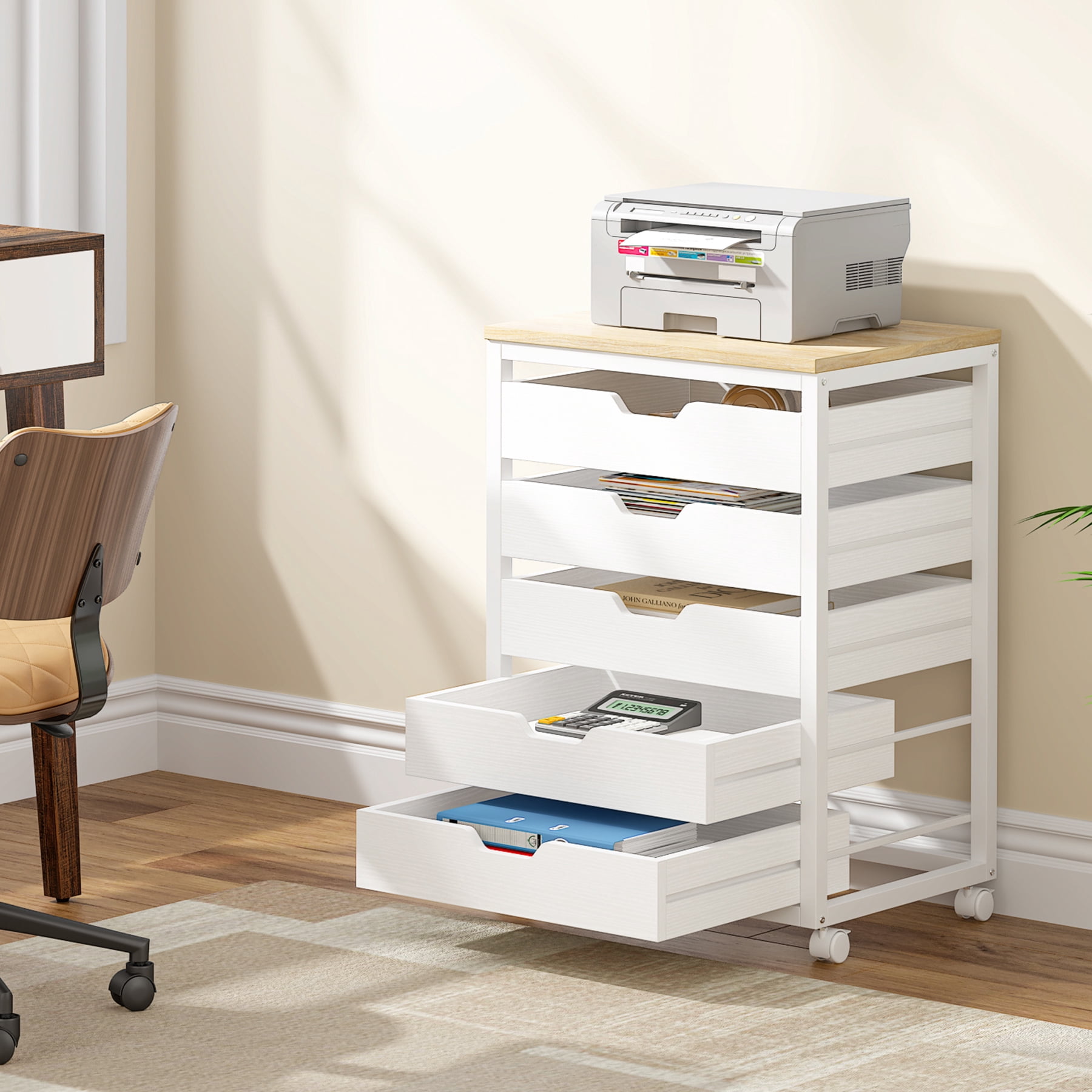 Tribesigns Modern 5-Drawer Dresser for Bedroom, Small Portable Chest of Drawers with Wheels and Metal Frame for Living Room, White