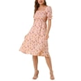 thumbnail image 2 of DARING DIVA Square Neck Puff Sleeves Smocked Waist Midi Floral Dres XL Pink, 2 of 6