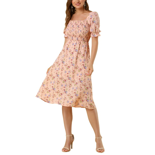 Allegra K Women's Smocked Floral Square Neck Short Puff Sleeve Summer Midi  Dress - Walmart.com