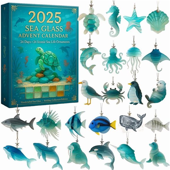 KeirineCC 2025 Sea Glass Marine Life Advent Calendar,24 Days Ocean-themed Christmas Countdown Calendar,1SET with 24 Adorable Realistic Ocean Animals Decoration,for Ocean Lovers and Collectors
