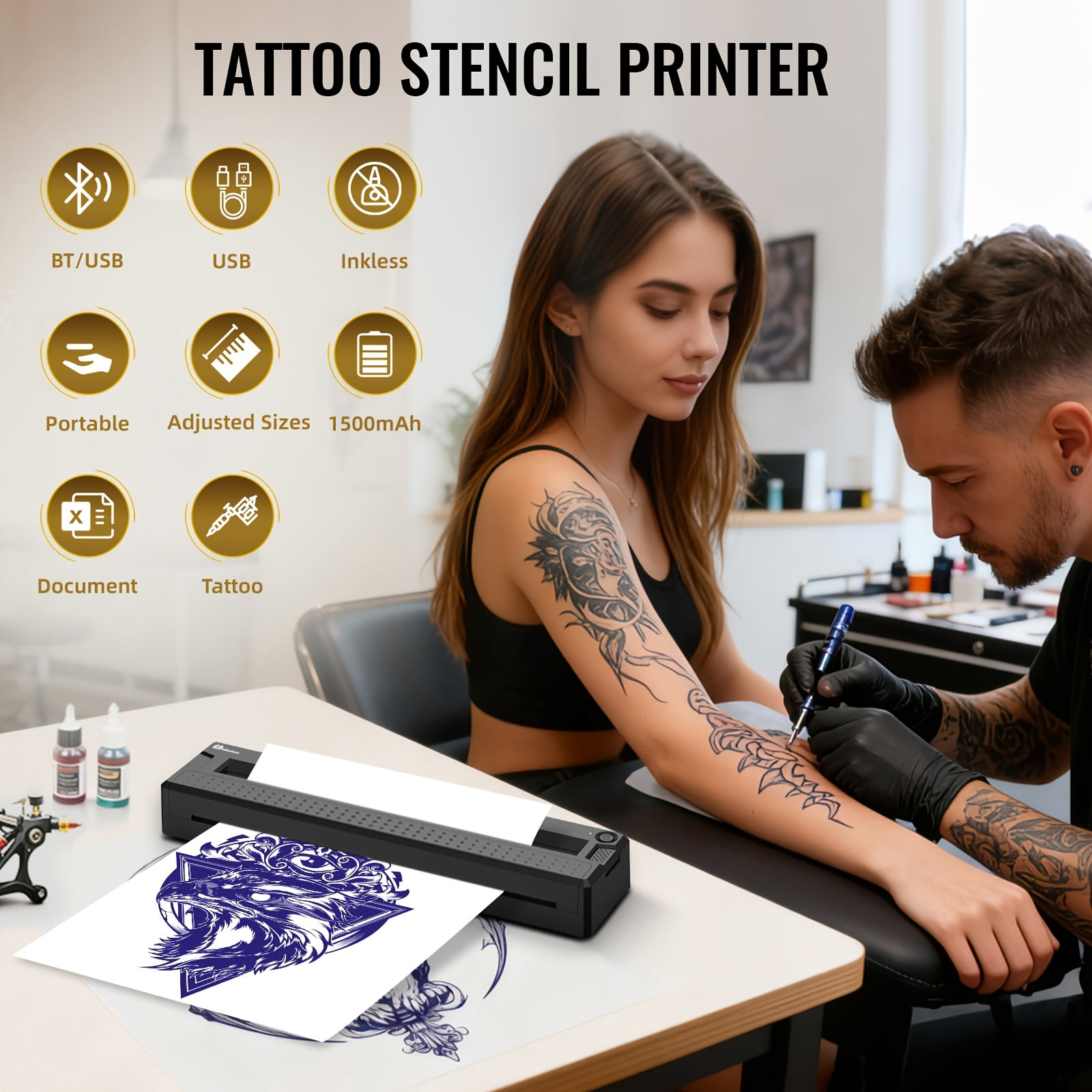 2026 New Inkless A4 Thermal Printer, Document Printer & Tattoo Transfer Printer, Wireless Thermal Printer Compatible with Smartphones Tablets, Suitable for Thermal Paper/Tattoo Transfer Paper