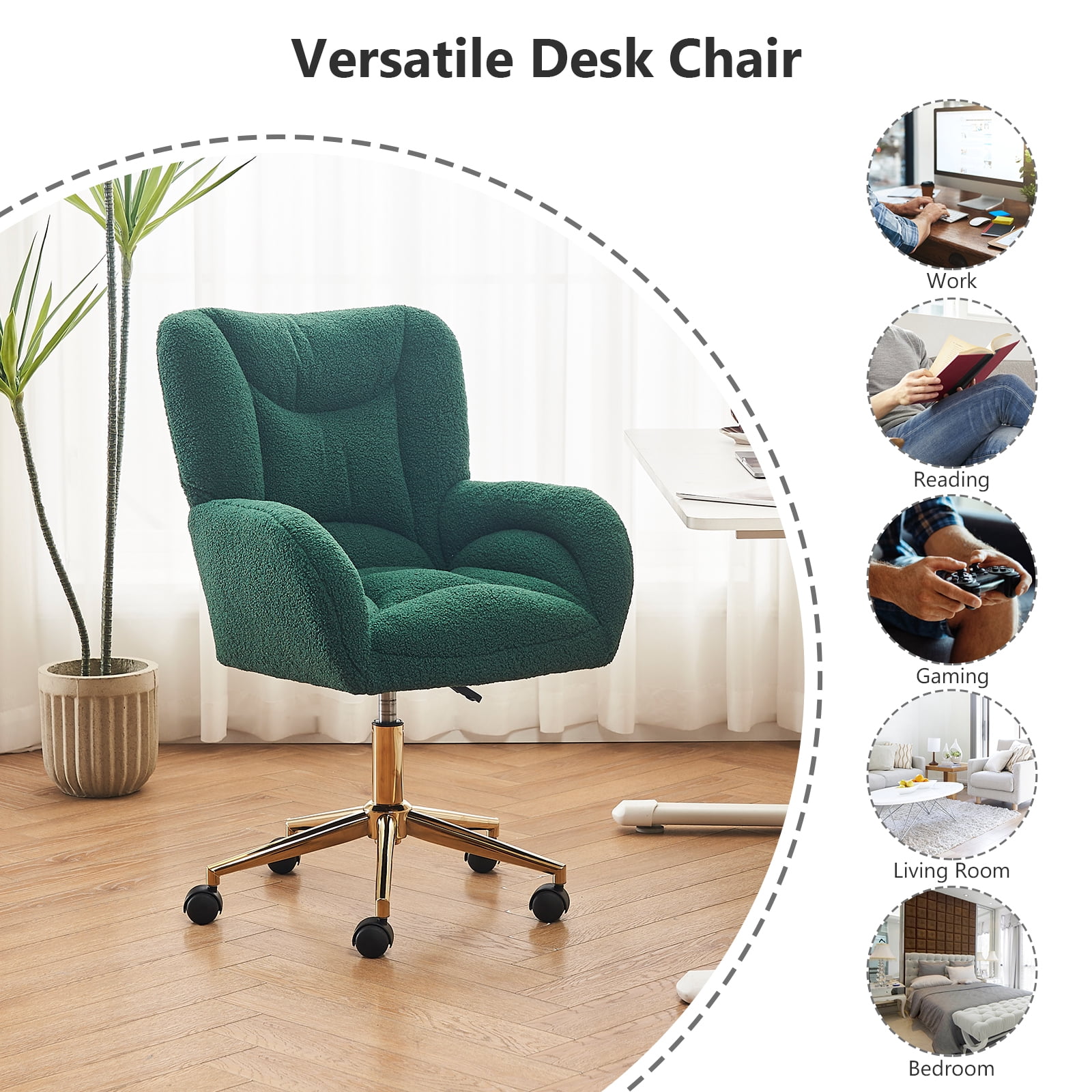 Desk Chair with Wheels and Arms Velvet Comfortable Desk Chair for Home Office Height Adjustable Vanity Chair Modern Task Chair Computer Desk Chair Green