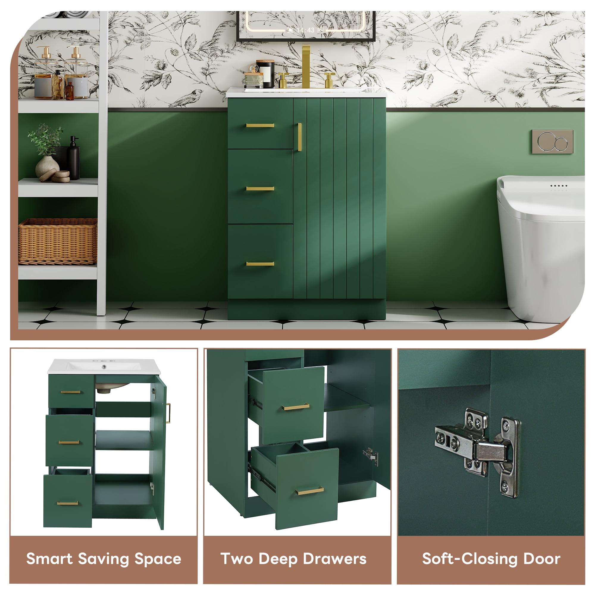 Euroco 24-Inch Bathroom Vanity with Vertical Fluted Design, Undermount Sink, Soft-Close Drawers & Door – Compact Storage Cabinet for Small Spaces