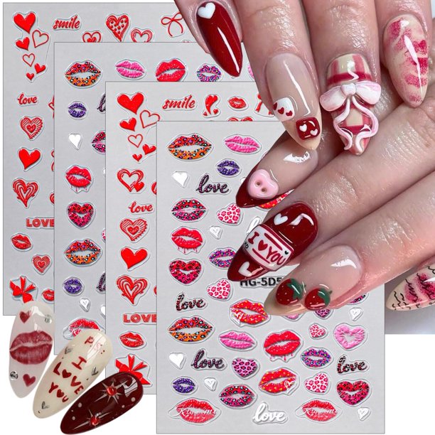 Calcomanías para uñas PBPCGBW, 4 piezas, diseño 5D de San Valentín