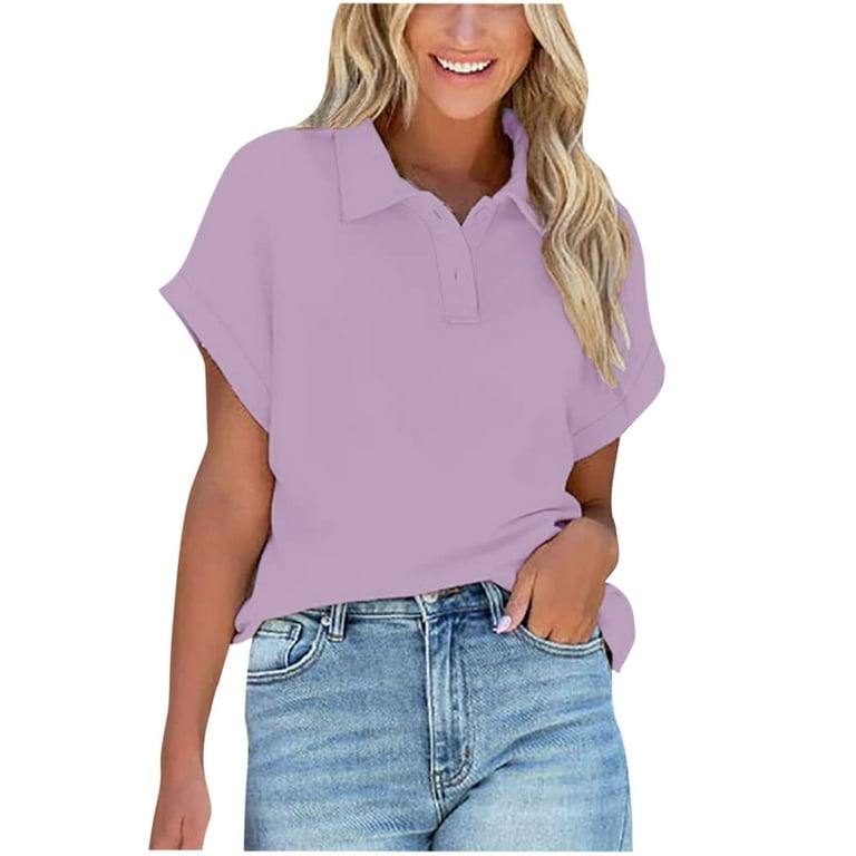 RYRJJ Womens V Neck Polo Shirts Short Sleeve Collared Golf Shirt Summer  Loose Casual Solid Color Work Tunic Blouses Tops(Purple,XL) 